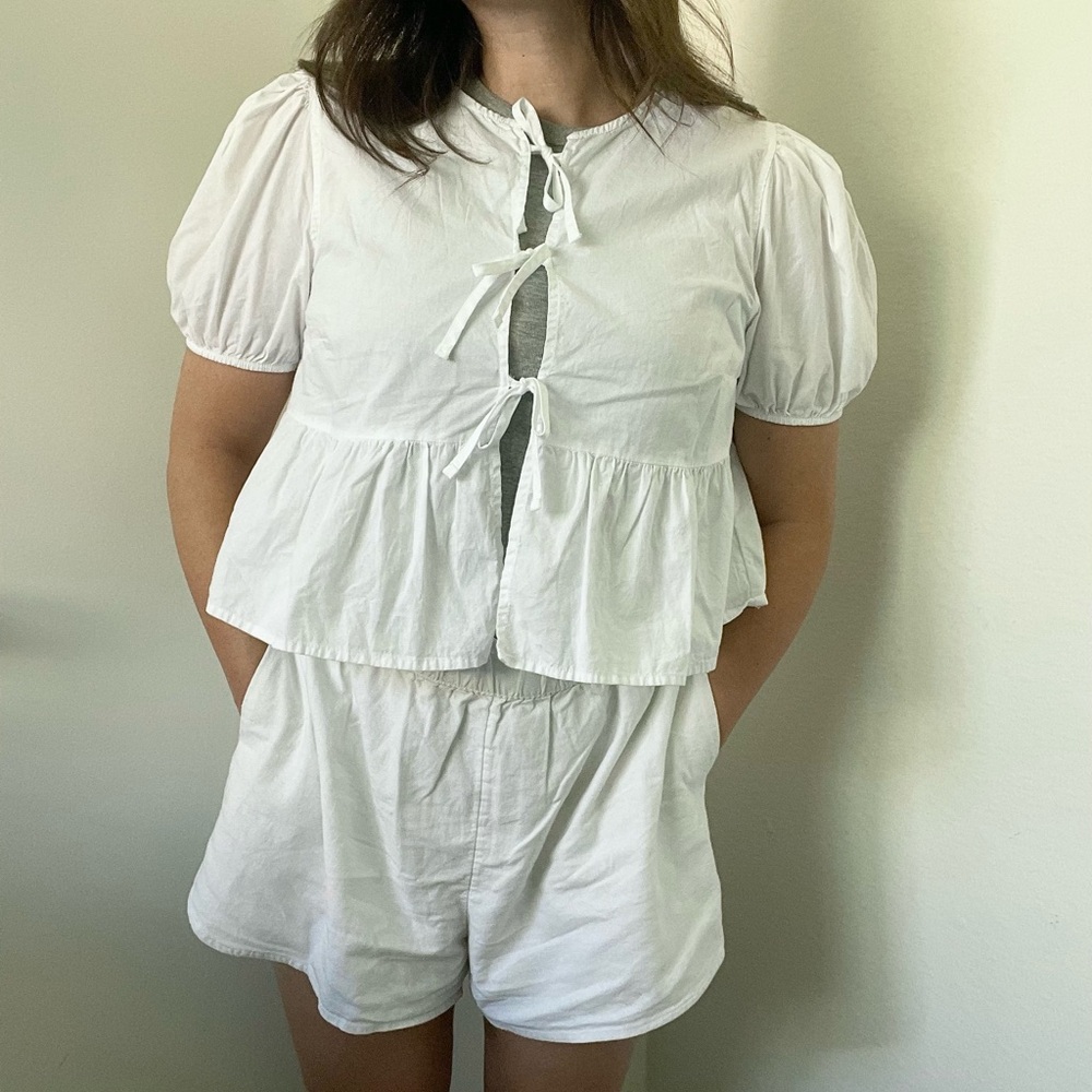 Tie front poplin top